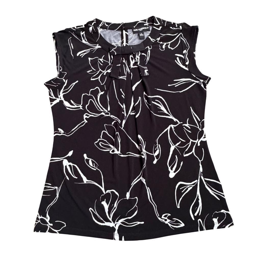 Karl Lagerfeld Paris Black White Floral Sleeveless Bow‎ Neck Top Women's Size S